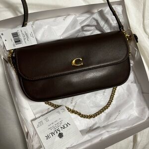 Coach Dark Brown Leather Shoulder Bag with Gold Chain